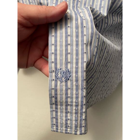 Bugatchi luxury designer shirt Button Mens blue white long sleeve embroider Lg - Picture 3 of 6